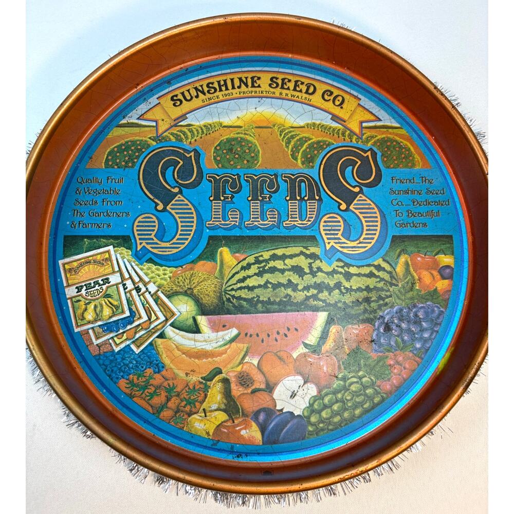 Sunshine Seeds Tin Serving Tray 1970s with Colorful Fruits and Veggies Farmhouse